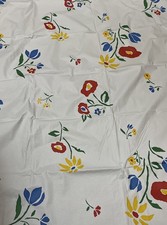 Vtg Vinyl Tablecloth Flannel Back Colorful Primary Flowers 52x70 oval