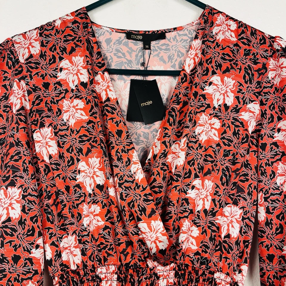 Vestido midi novo com etiquetas Maje vermelho e preto floral frente cruzada tamanho 36/pequeno - Imagem 3 de 4