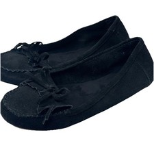 MINNETONKA Black Suede Kilty Moccasins Hard Sole Women's 9.5