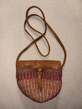 Handmade Woven Straw Raffia Crossbody Bag Pink Leather Trim Boho Summer Beach