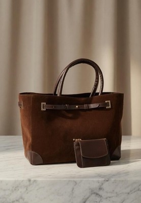 Women's Suede Leather Tote Bag with Mini Pouch - Dark Brown