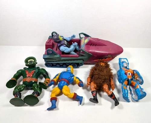 Vintage He-Man Motu Land Shark Vehicle & 5 Figures Skeletor Rokkon Grizzlor 80s