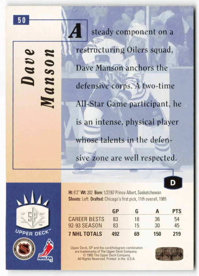 1993-94 Dave Manson Upper Deck SP - Edmonton Oilers - Image 2 of 2
