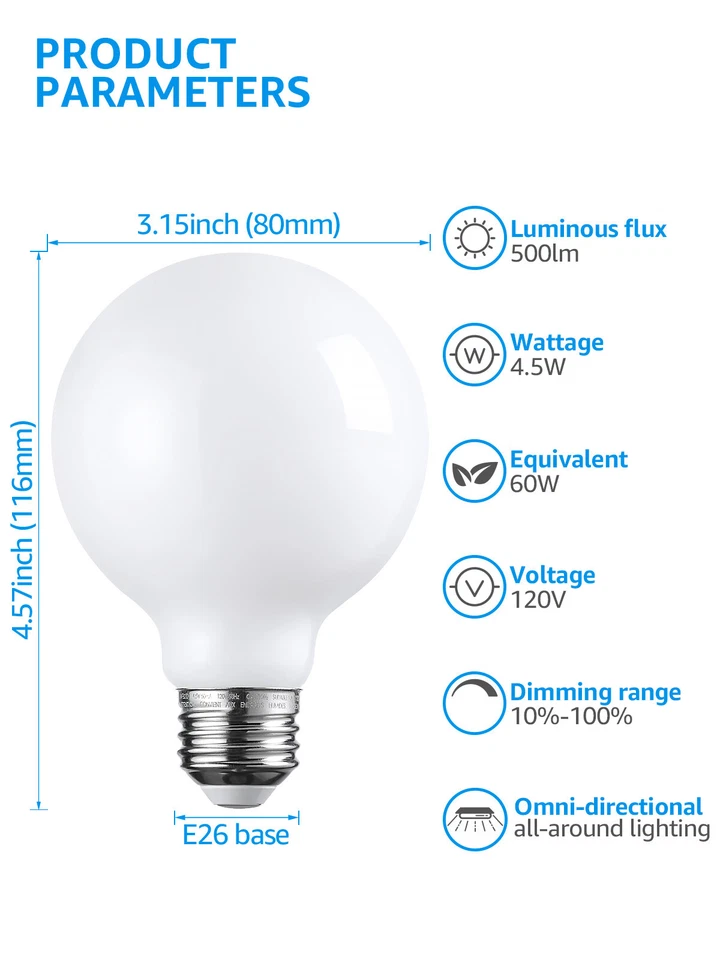 6-Pack Dimmable G25 Globe LED Bulb, 4.5W=60W, Vanity Bulbs, 4000K Cool White - Image 4 of 4