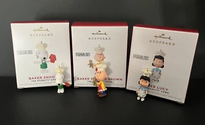 Hallmark Baker Snoopy Xmas Ornament Miniature Set 3 Charlie Brown, Lucy NEW!!