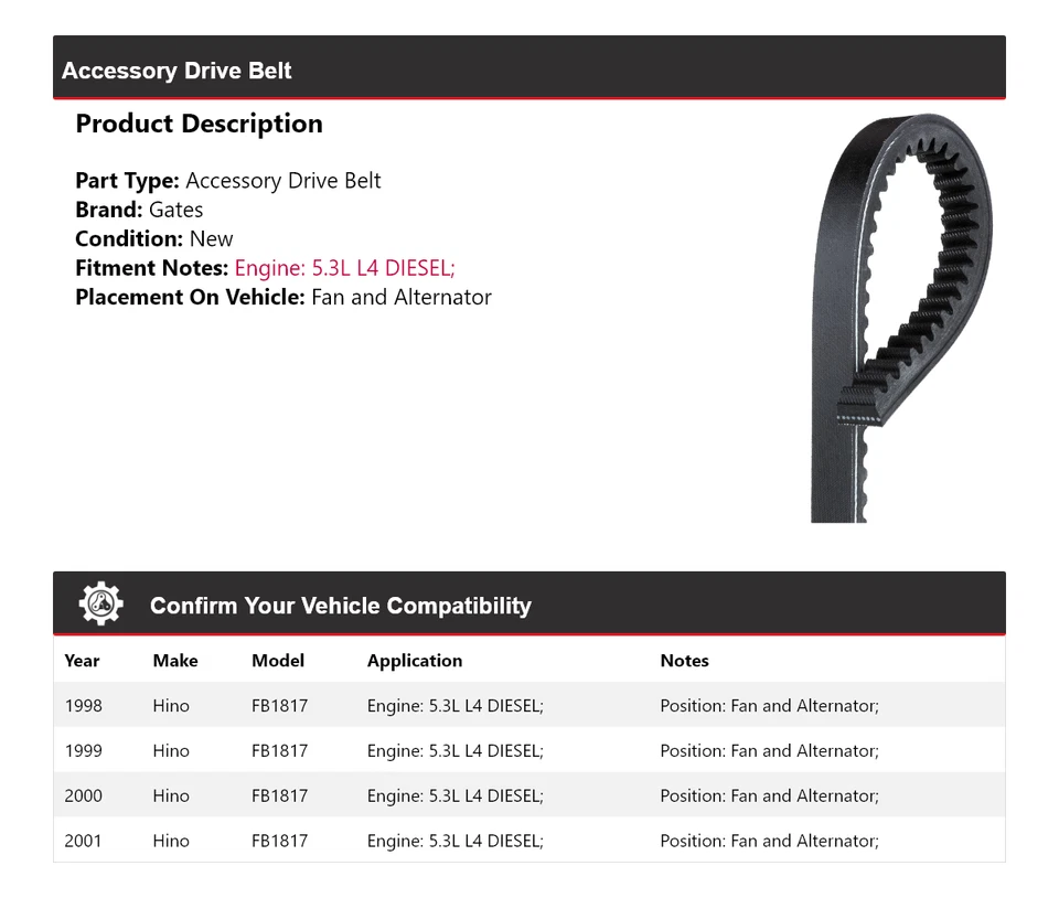 For 1998-2001 Hino FB1817 5.3L L4 DIESEL Drive Belt For Fan and Alternator Gates - Image 2 of 4