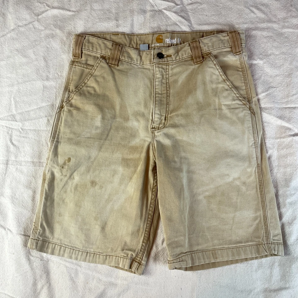 Pantalones Cortos Carhartt Para Hombre 32 Beige Marrón Bermudas Logo Desteñido Ropa de Trabajo Exterior EE. UU.