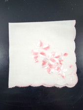 Vintage Womens Handkerchief Hankie White Cotton Embroidered Pink White Floral