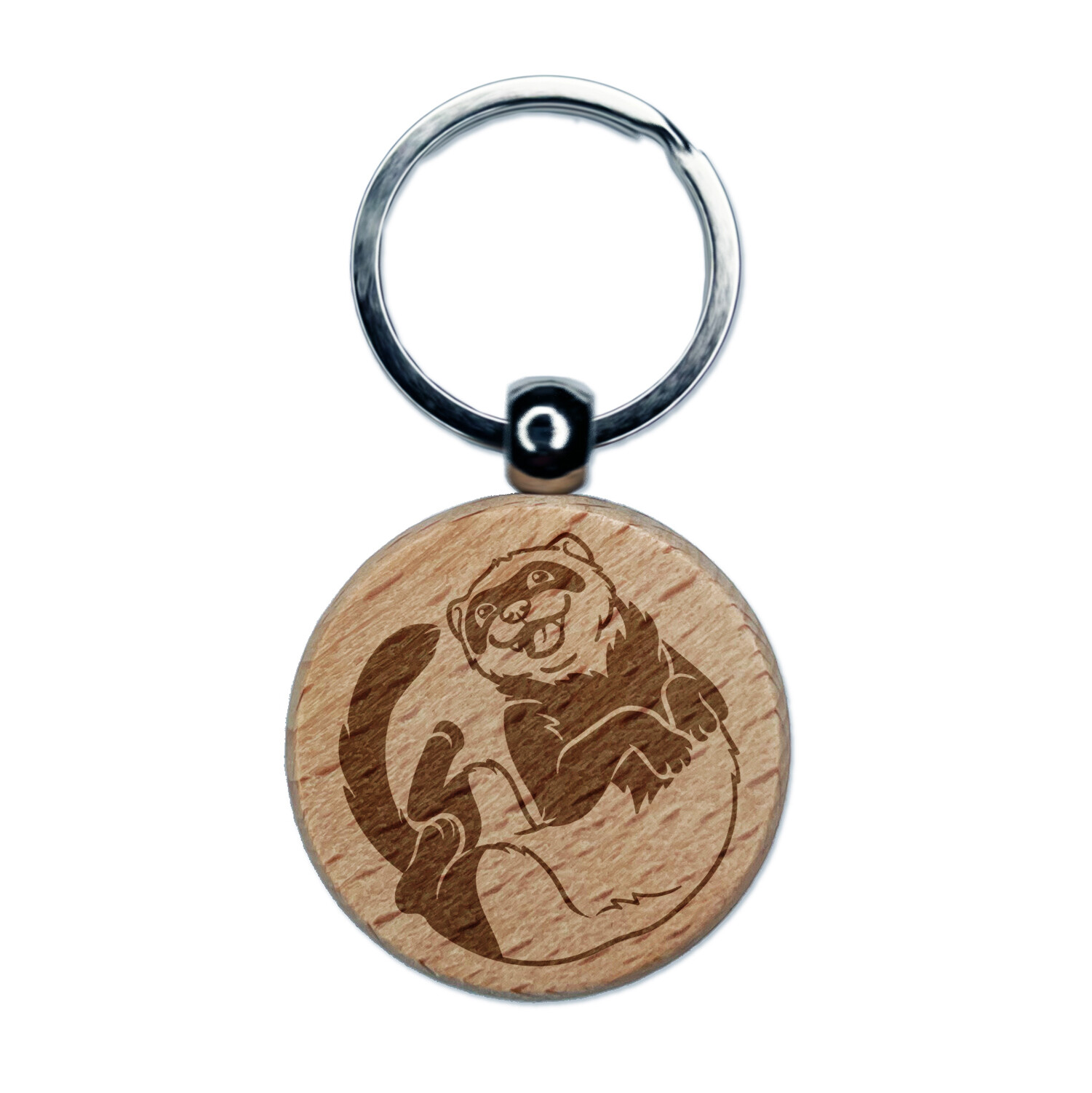 Silly Ferret on Back Engraved Wood Round Keychain Tag Charm