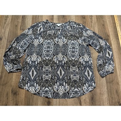 Charter Club Petite Paisley Medallion Blouse Black Tan White Long Sleeve PL