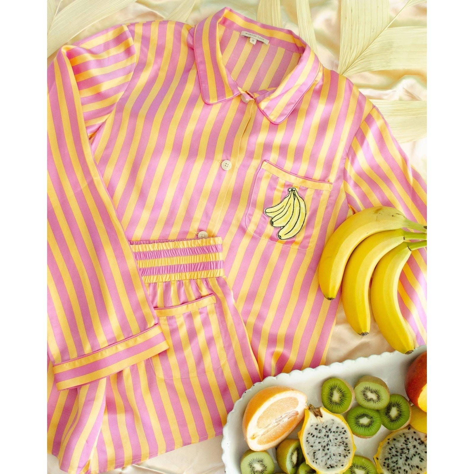 Anthropologie Morgan Lane Size L/XL Button Silk Pajama set pink orange sleep