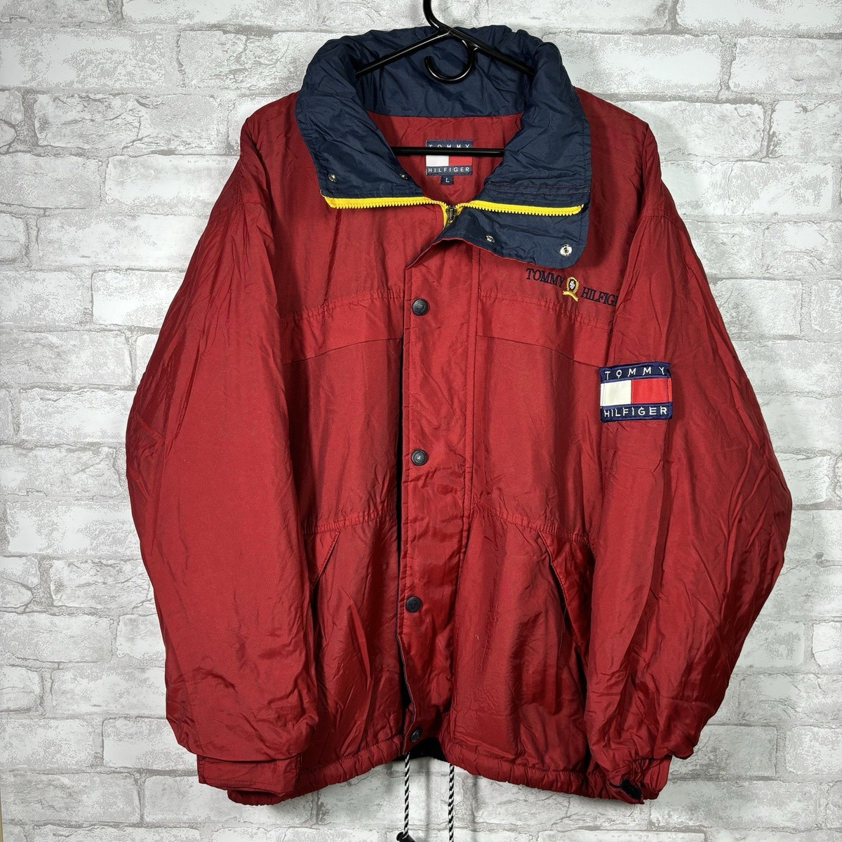 Vintage Tommy Hilfiger Big Flag Jacket 90s Sailing Hooded Lined Mens Large  Red
