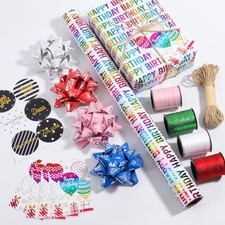 Birthday Wrapping Paper Set 17" With Curling Ribbon,Gift Bows,Gift Tags