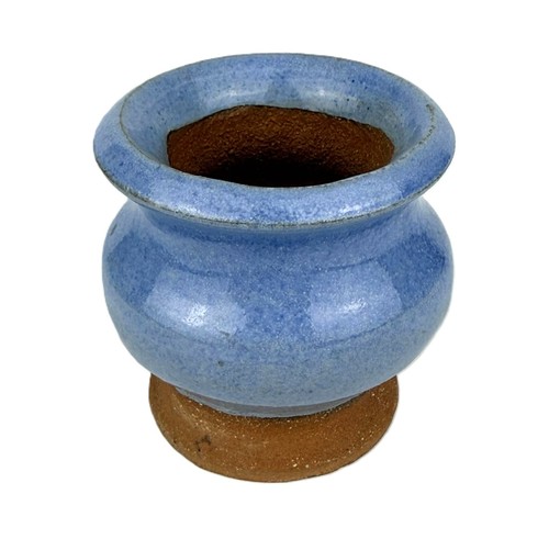 Small Studio Pottery Mini Spittoon Bud Vase Blue Glaze Signed MK 2.5”