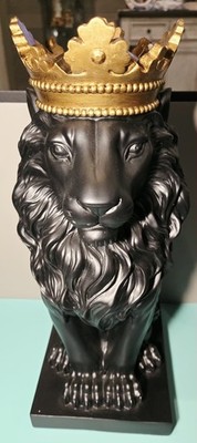 Black King Lion Statue Gold Crown 14'' Tall Resin Regal Home Decor. New But Scuff