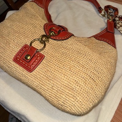 Coach Straw Raffia Orange Leather Shoulder Bag Large Hobo Beach 