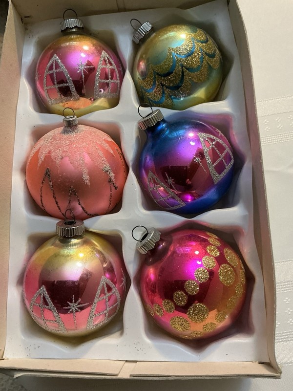 6 Shiny Brite/West Germany Glass Ornaments Ombré Glitter Mica 3” Pink, Blue