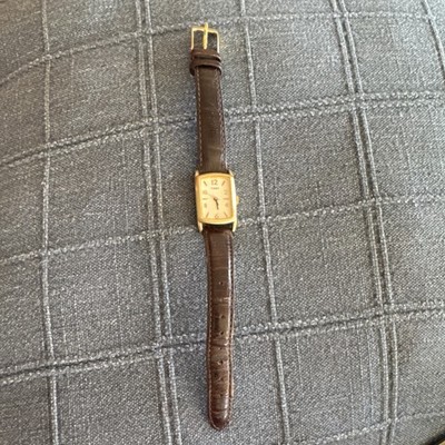 Timex Easy Reader Rectangular Gold Quartz Watch Brown Leather Strap Date