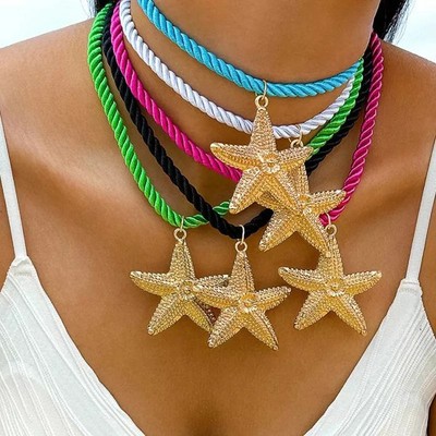 Halskette buntes Seil mit goldenem Seestern, maritimer Boho-Stil - 35119