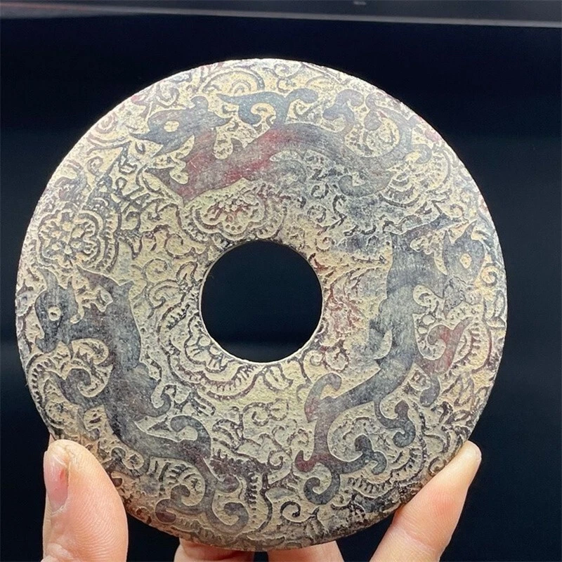 Old jade bi,Chinese Jade ware Carved relief Dragon pattern round - Image 2 of 4