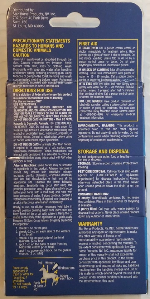 FREEDOM 45 SPOT-ON PARA CABALLOS **Mata moscas mordedoras, garrapatas e insectos molestos** ~ Foto 2 de 4
