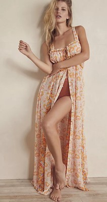  Free People Dance With Me Printed Maxi Dress Rouched Floral Gold Rose S NEW