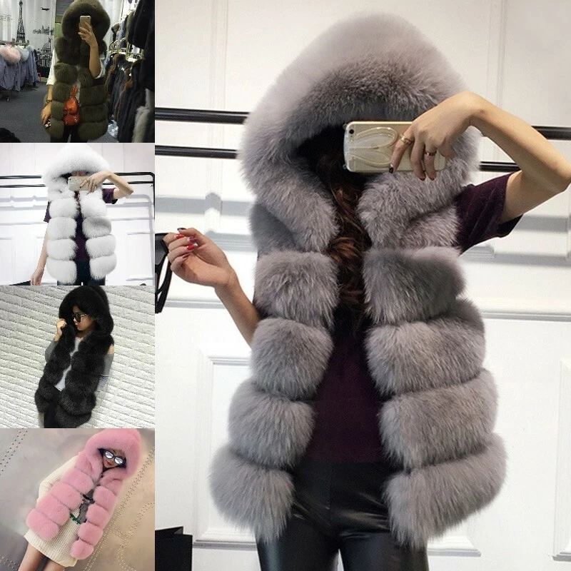 Lady Midlength Hooded Waistcoat Vest Gilet Faux Fur Warm Casual