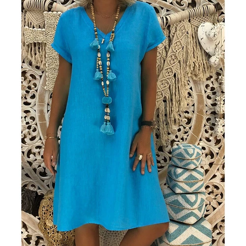 Women Short Sleeve Cotton Linen Midi Dress Ladies Solid V Neck Loose Sundress US - Bild 18 von 40