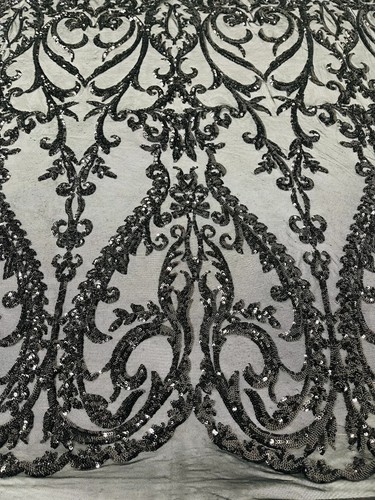 Heart Shape Sequins Fabric - Black 4 Way Stretch Shiny Damask Fabric By Yard - Picture 5 of 5