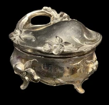 VINTAGE ANTIQUE EMPRESS SILVER PLATE JEWELRY BOX RED VELVET LINING CALLA LILY