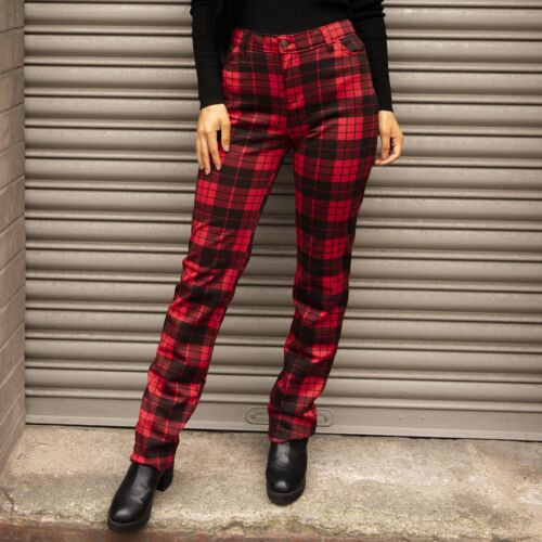 Red Tartan Checked Trousers Slim Plaid Pants (Made in the UK) - Picture 1 of 3