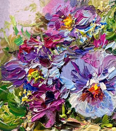 Bouquet Pansies Original oil painting Newspaper painting flowers art 4x4 inch - Picture 5 of 11