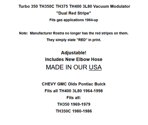 Turbo 350 TH400 Transmission Vacuum Modulator Adjustable Dual Red Stripe 1964-up - Picture 3 of 4