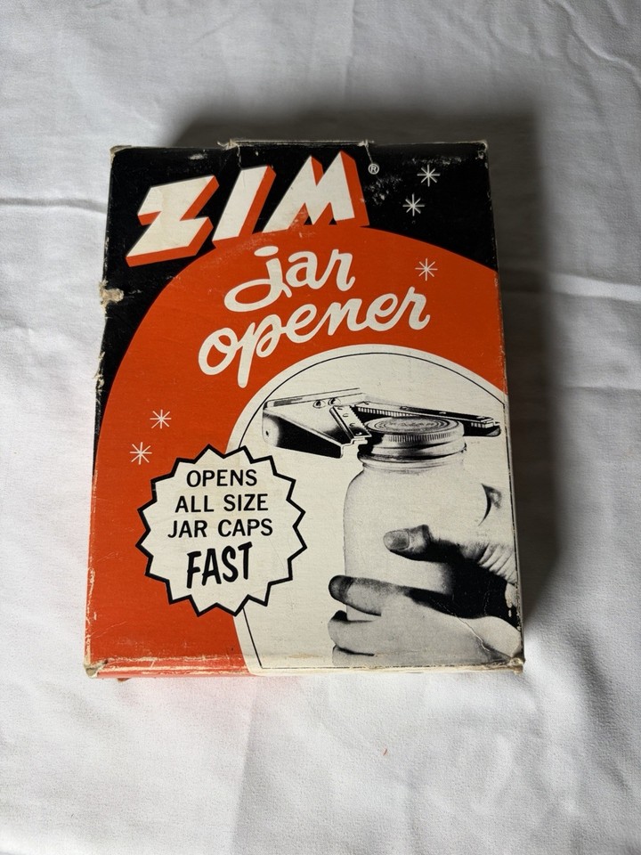 A single-purpose 1950s Zim jar opener that doubles as genuine mid-century graphic design art for your kitchen wall or drawer.