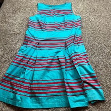 Talbots Midi A-Line Dress Woman 16W Blue Red Striped Cotton Sleeveless Pleated
