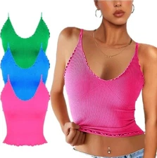 M~Women 3 Pack Ruffled V Neck Cropped Tops Workout Basic Ribbed Camisole Tanks