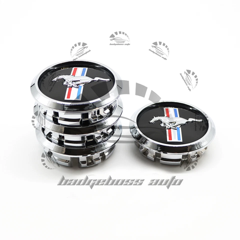 4Pack For 2012-2025 Mustang GT Black w/ Chrome Running Horse Wheel Center Caps Foto 3 de 4