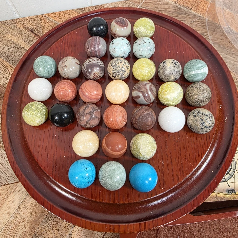  Classic Wooden Solitaire Game with 33 Mineral Marbles - Image 2 of 4