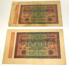 Two 1923 German 20,000 Mark Reichsbanknote Bank Notes from Weimar Republic