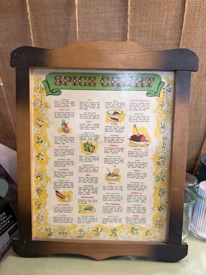 A charming mid-century kitchen spice chart in vintage wall art form — functional nostalgia that looks right at home above a stove or in a breakfast nook.