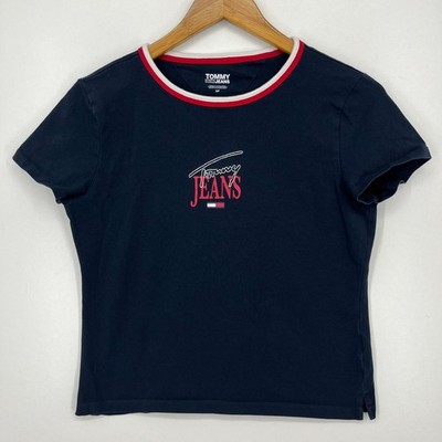 Tommy Jeans T-Shirt Women's Size S Navy Blue Short Sleeve Flag Logo Cotton