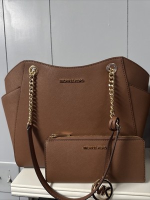 MICHAEL KORS JET SET CHAIN SHOULDER SAFFIANO TOTE BAG HANDBAG PURSE W/ WALLET