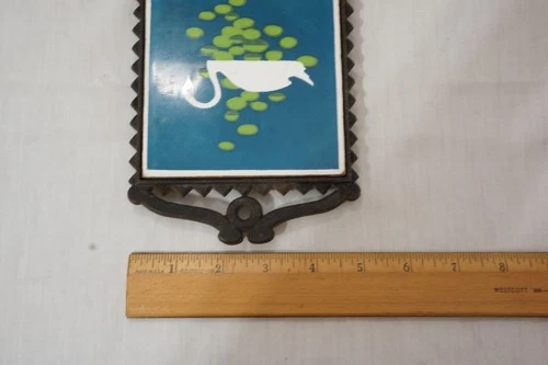 Vtg MCM Japanese Cast Iron Tile Trivet Swan Duckweed Yamaju Rosier Hot Plate 9.5 image 5