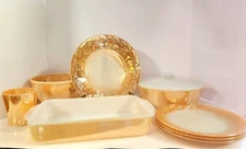Vintage Fire-King Peach Lustre 8pc Dinner & Bakeware Set USA Mid Century