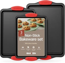 Baking Pan Set – 3 Piece Cookie Sheet – Deluxe Black Non-Stick Carbon Steel – Si