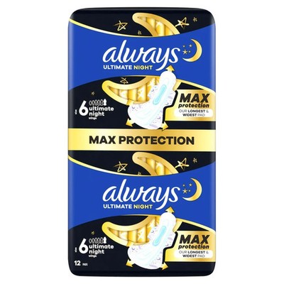 Always Ultra Secure Ultimate Night sanitary pads (size 6) with wings, 12   pads