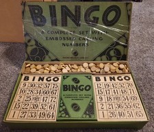 Vintage Milton Bradley Bingo Set No. 4148 Wood Embossed Numbers Green Box 1950s 