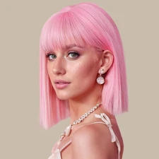 SUKRI Pink Bob Wig With Bangs - Short Straight Bob Bangs Wig, 12Inch Heat Resist