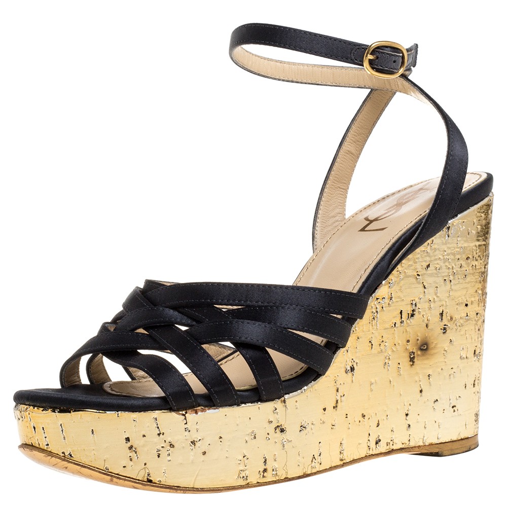 Yves Saint Laurent Dark Grey Gold Satin Strappy Wedge Sandals