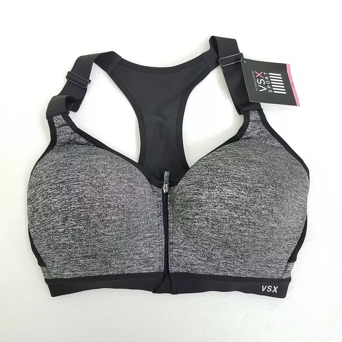 Victoria Secret VSX Black Racer Back Zip Front Sports Bra 32DD NWT